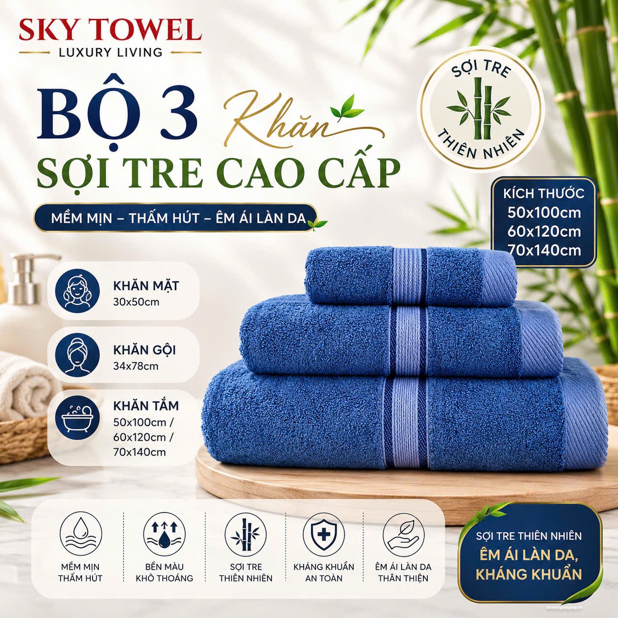 BỘ 3 KHĂN SỢI TRE CAO CẤP DÙNG TRONG GIA ĐÌNH, LÀM QUÀ TẶNG