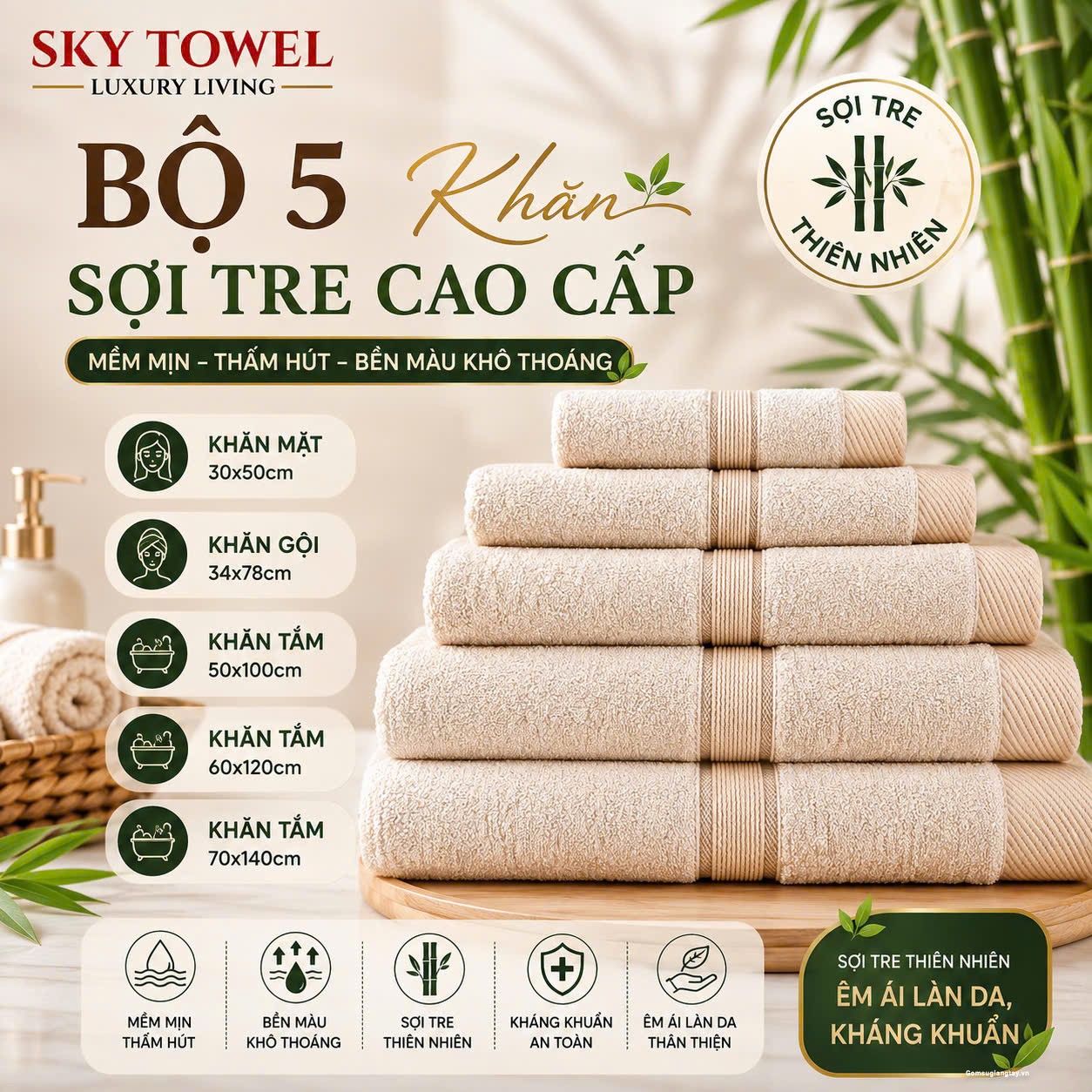 BỘ 5 KHĂN SỢI TRE CAO CẤP DÙNG TRONG GIA ĐÌNH, LÀM QUÀ TẶNG