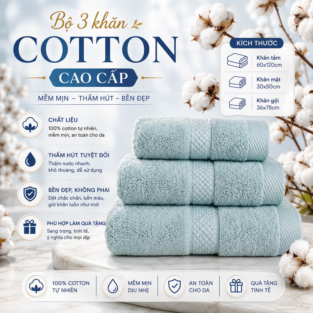 BỘ 3 KHĂN COTTON CAO CẤP MỀM MỊN, THẤM HÚT