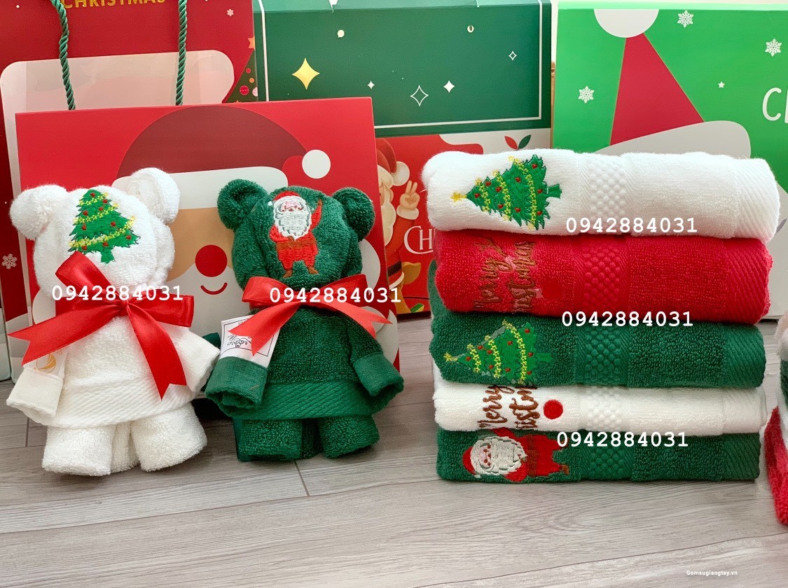 SET KHĂN GẤU QUÀ TẶNG NOEL - THÊU LOGO THEO YÊU CẦU