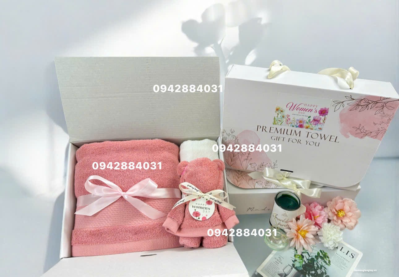 BỘ 3 KHĂN QUÀ TẶNG GẤP HÌNH GẤU - THÊU LOGO DOANH NGHIỆP THEO YÊU CẦU