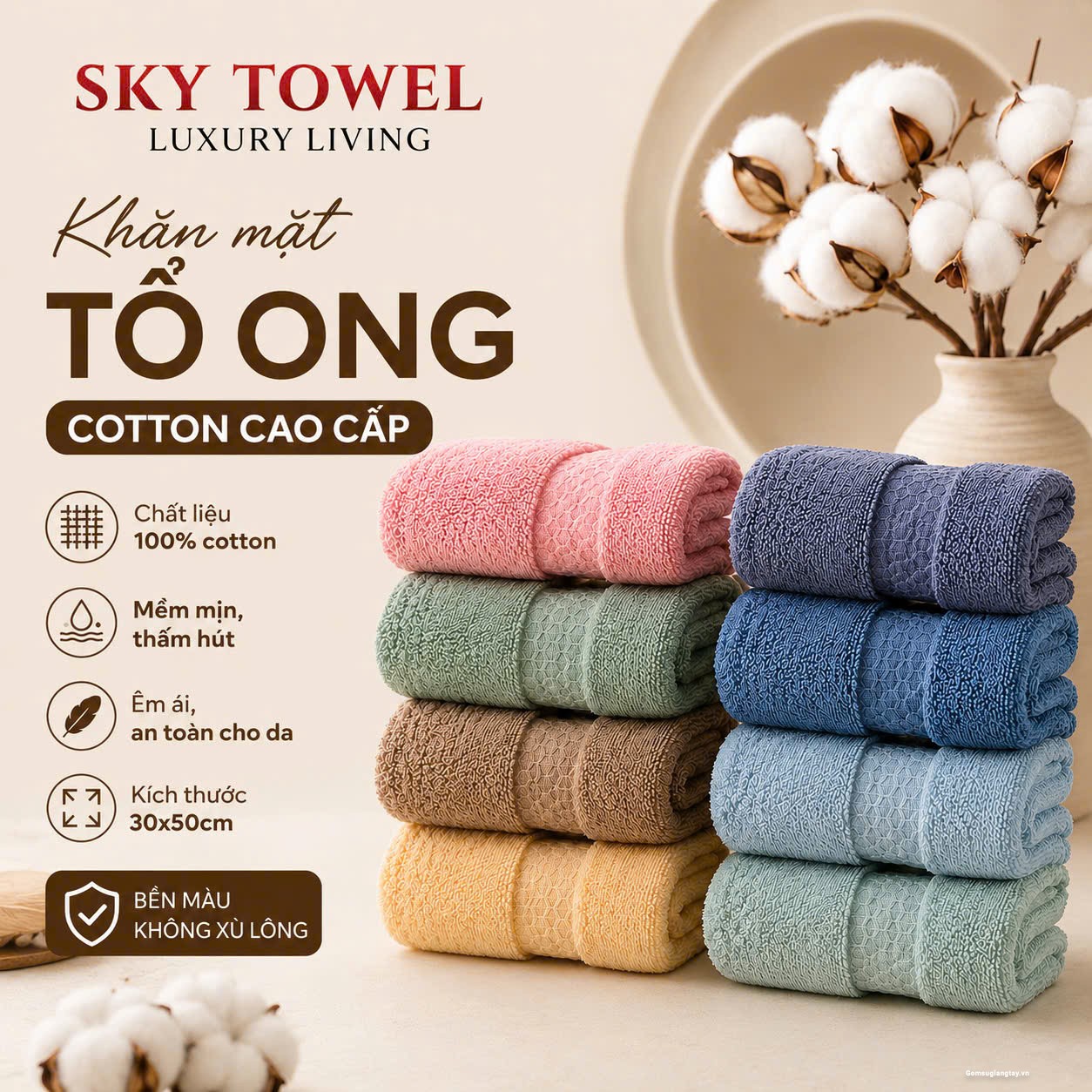 KHĂN MẶT COTTON OGANIC CAO CẤP  SIÊU THẤM HÚT - KÍCH THƯỚC 30X50CM