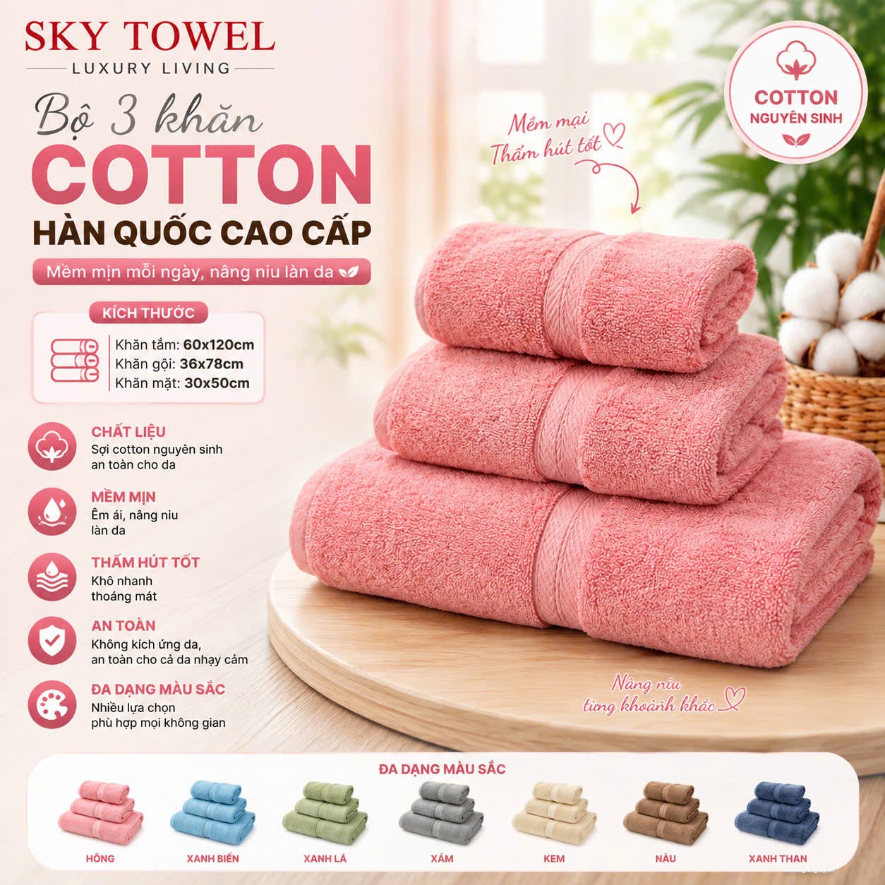 BỘ 3 KHĂN COTTON HÀN CAO CẤP - DÙNG TRONG GIA ĐÌNH